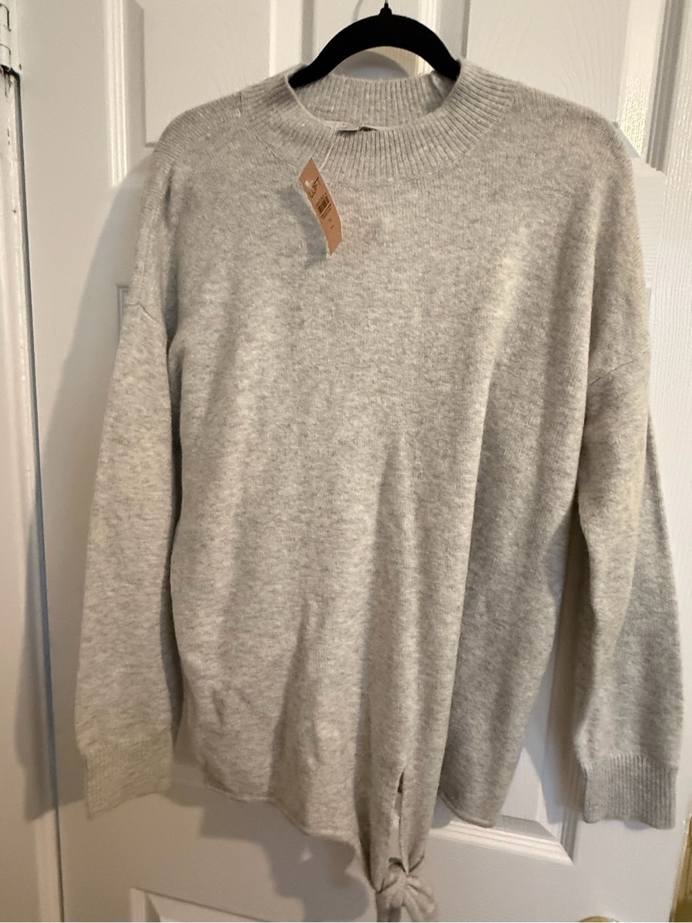 LOFT Light Gray Crewneck Sweater with Tie Hem Detail